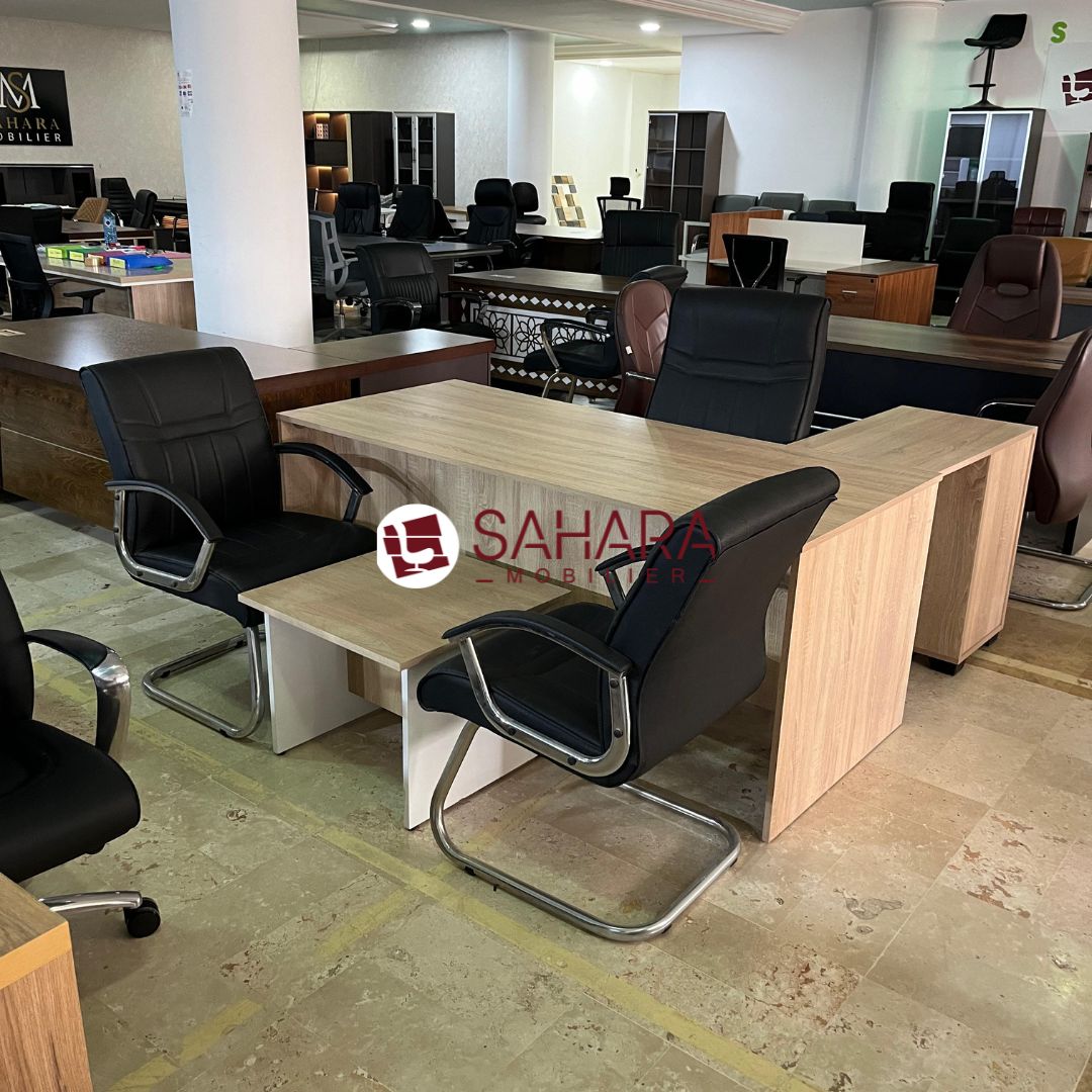 Pack bureau en bois MDF chêne rostic avec pack chaise en simili cuir noir